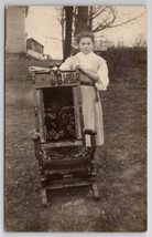 RPPC Darling Young Lady Striped Dress With Chair In Yard Postcard Q27 - £5.46 GBP