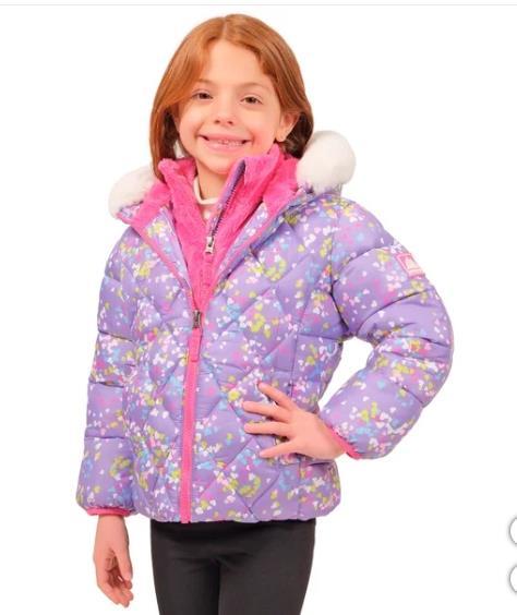 Snozu Boys Girls Jacket Purple Pink Hearts Puffer Hat Pockets Inner Bib Item image 2