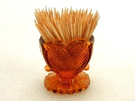 Degenhart Heart Shape Toothpick Holder, Vintage Transparent Amber Glass,... - $14.65