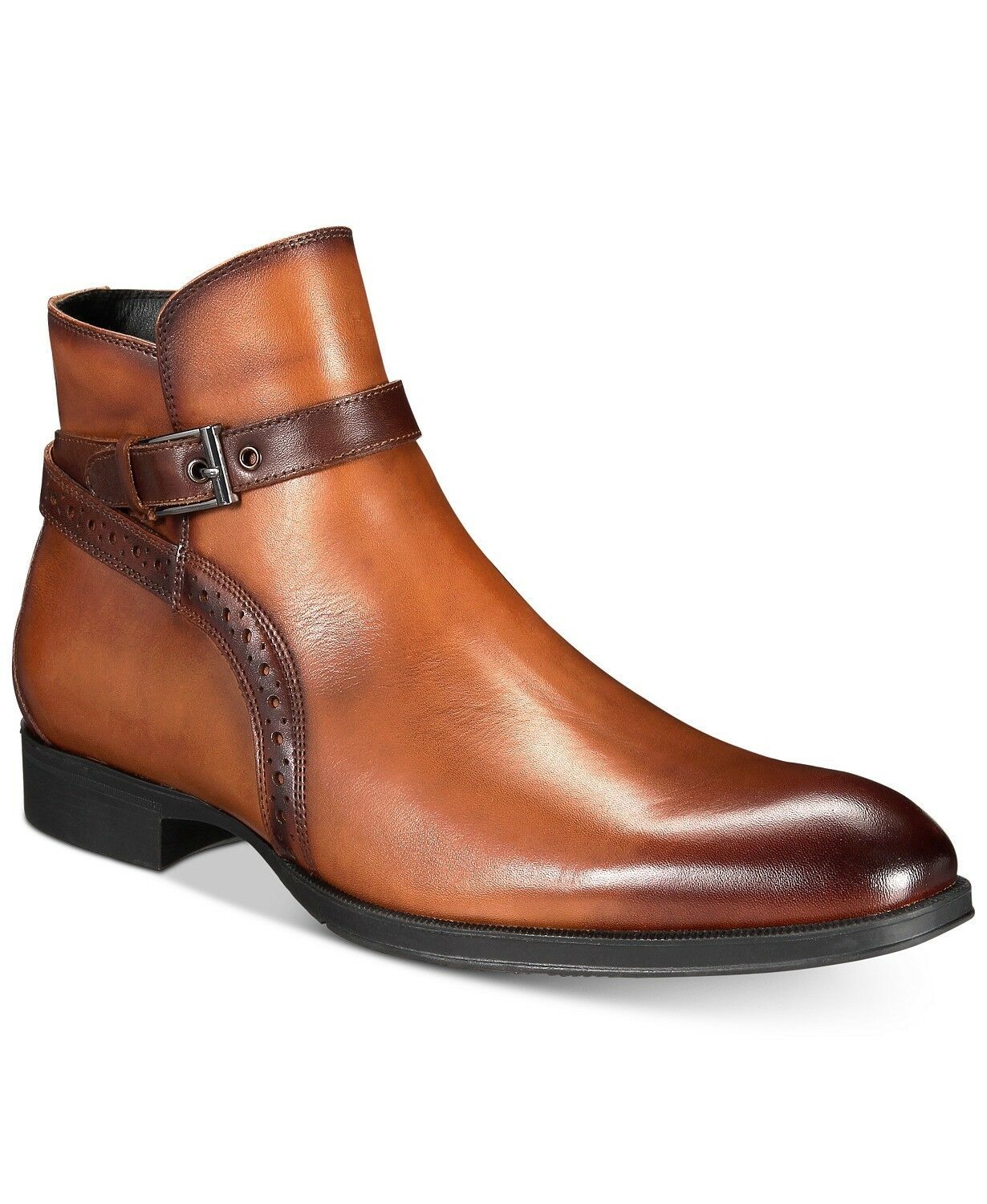 Men's Brown High Ankle Rounded Buckle Strap Burnished Toe Leather Boots US 7-16