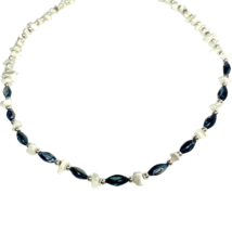 Mother Of Pearl Necklace 20&quot; White and Dark Blue Beaded Iridescent Coastal - £11.88 GBP