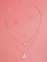 New Silver Triple Layered Chain Dangling Butterfly Pendant Fashion Necklace Set - £28.64 GBP