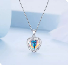 Platinum 925 Sterling Silver Rainbow Glass Heart Necklace/Earrings/Ring Set - £23.58 GBP+