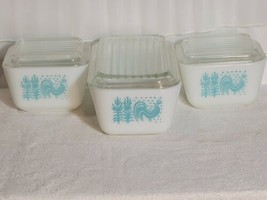 3 Pyrex Turquoise Amish Butterprint Rooster Refrigerator Dishes with Lids - £73.98 GBP