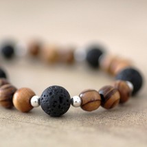 Natural Elegance Handcrafted Olive Wood, Silver Beads, Black Volcanic Lava Stone - £35.34 GBP