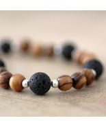 Natural Elegance Handcrafted Olive Wood, Silver Beads, Black Volcanic La... - $44.95