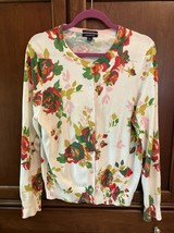Lands End Cardigan Sweater L Womens Supima Cotton Cream Pink Green  Floral - $23.76