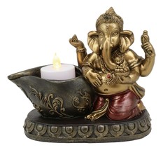 God Ganesha With Modaka Bowl Kneeling By Well Votive Candle Holder Statue Decor - £20.87 GBP