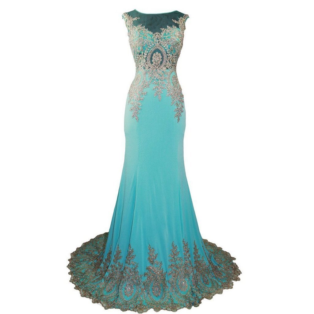 Sheer Bateau Long Mermaid Gold Lace Beaded Crystals Prom Evening Dresses Plus Si