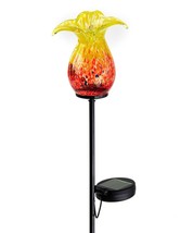 Flower Solar Garden Stake Red and Yellow Glass Metal Double Pronged 22.8" High image 1