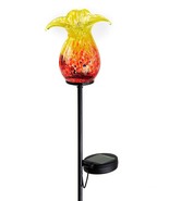 Flower Solar Garden Stake Red and Yellow Glass Metal Double Pronged 22.8... - £31.14 GBP