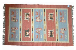 Jute Kilim Rug Large Bird Wool Rustic Ethnic Indian Moroccan Carpet 5x8&#39; - £175.67 GBP