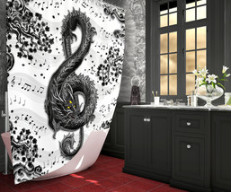 Treble Clef Dragon Shower Curtain, Black &amp; White Music Studio Bathroom Decor - £56.62 GBP