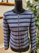 Loft Women&#39;s Blue Striped Cotton Long Sleeve Full Zip Front Casual Jacket Size 6 - £24.12 GBP