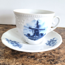 Delft Blue Blauw Cup and Saucer Hand Decorated Windmill Holland Beaded Rim - £19.46 GBP