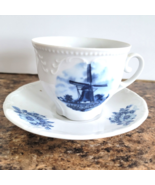 Delft Blue Blauw Cup and Saucer Hand Decorated Windmill Holland Beaded Rim - £19.43 GBP