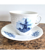 Delft Blue Blauw Cup and Saucer Hand Decorated Windmill Holland Beaded Rim - $24.74