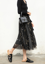 Black Pleated Long Tulle Skirt Outfit Women Pleated Tulle Holiday Skirt image 5