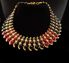 Vintage Cleopatra necklace Dramatic burgundy black wide rhinestone colla... - $115.00