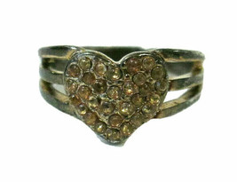 Estate Find Heart Ring Silver Tone Metal Yellow Golden Rhinestones Untested SZ 7 - £7.90 GBP