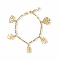 14K Yellow Gold Plated 6.5&quot; Buddha &amp; Om Multi Charm Bracelet Women Wrist Chain - £125.18 GBP