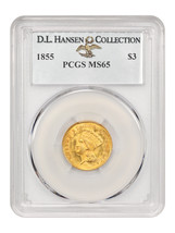 1855 $3 PCGS MS65 ex: D.L. Hansen - £31,434.28 GBP
