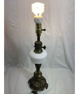 Vintage Ornate L &amp; L Cast Metal Table Lamp w/ Milk Glass Globe No Shade - $71.67 CAD