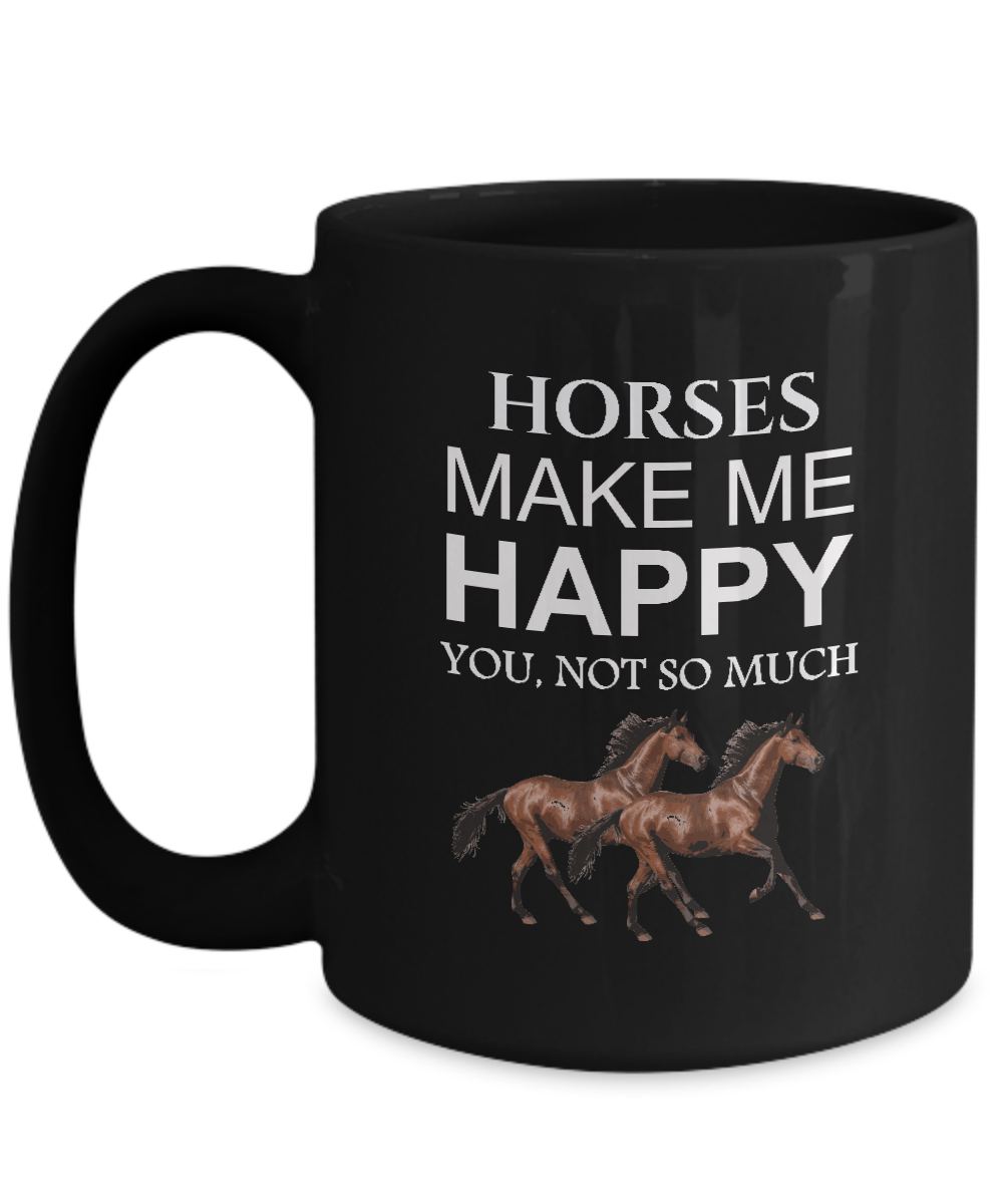 Horse Coffee Mug, Horses Make Me Happy, 15oz Black Ceramic Tea Cup - £17.58 GBP