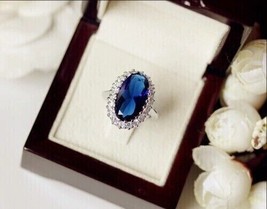 2.00Ct Oval Simulated Sapphire Halo Engagement Ring 14K White Gold Plated Silver - $118.79