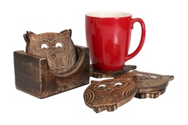 Set of 6 Wooden Owl Shaped Drink Coasters with Holder Kitchen Barware Di... - $25.14 CAD
