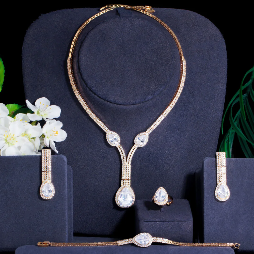 Impeccable 4Pcs Gold Plated CZ Stone Long Water Drop Pendant Necklace Earrings S - £57.30 GBP