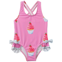 Cupcake Print Swimwear Girl&#39;s Size 4/5 Ruffle Criss-Cross Straps Swimsui... - $14.00