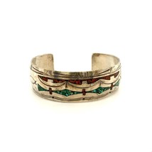 Vintage Sterling Native American Inlay Chip Coral Turquoise Cuff Bracelet 6 1/2 - £114.74 GBP