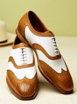Two Tone Mens Oxford Brown White Wing Tip Leather Shoes Premium Handcraf... - £117.94 GBP+