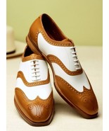 Two Tone Mens Oxford Brown White Wing Tip Leather Shoes Premium Handcraf... - £119.61 GBP+