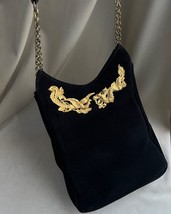 Vintage Black Suede Leather Crossbody Bag Purse Gold Dragon &amp; Phoenix - $2,317.62 MXN