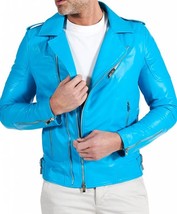 Men&#39;s Light Blue Leather Biker Jacket - Perfecto Double Cross Zipper Moto - $49.00+