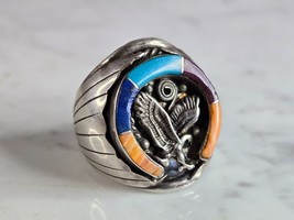 Mens Vintage Sterling Silver Southwestern Turquoise Eagle Ring 17.3g E7469 - £138.46 GBP