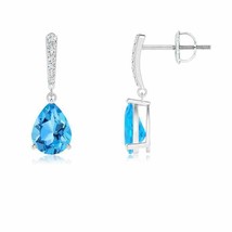 Swiss Blue Topaz Pear Drop Earrings with Diamond in 14K Gold (Grade-AAA , 8x6MM) - £607.34 GBP
