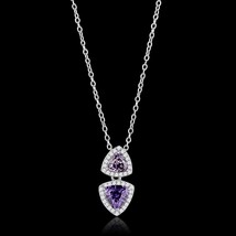 Rhodium Plated Double Halo CZ in Amethyst Triangle Shape Pendant Necklace 16&quot; - £68.93 GBP