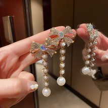 FYUAN Korean Style Bowknot Rhinestone Dangle Earrings for Women Long Tassel Pear - £8.26 GBP