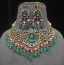 Bollywood Style Indian Green Gold Plated CZ Kundan Necklace Choker Jewelry Set - £151.86 GBP
