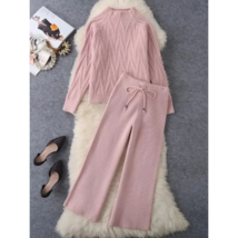 Winter Fall Knit  Half High Collar Warm Sweater Outfit Wide Leg Loose Pant Suits - £62.91 GBP