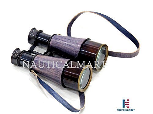 NauticalMart Binocular with Leather Overlay in Wood Box