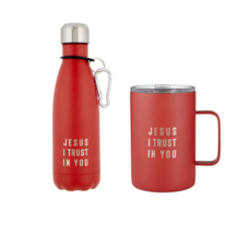 &quot;Jesus I Trust in You&quot; Red Insulated Coffee Mug &amp; Water Bottle Set Catholic - £23.90 GBP