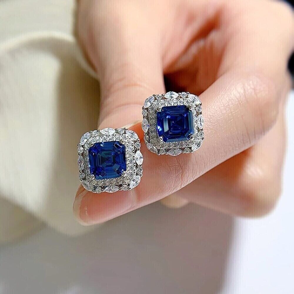 3.00Ct Asscher Cut Lab Created Sapphire Halo Stud Earrings 14K White Gold Plated Item image 6