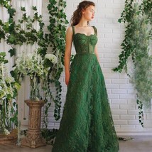 Beautiful Green Evening Dress Lace A-Line Spaghetti Strap Floor Length Evening  - £297.36 GBP