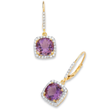 Round Purple Amethyst And Cz Halo Drop Gp Earrings 14K Gold Sterling Silver - £134.45 GBP
