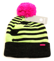 Igloos Green &amp; Black Knit Cuff Pink Pom Beanie Youth Girl&#39;s 4-6X  NWT - £27.05 GBP