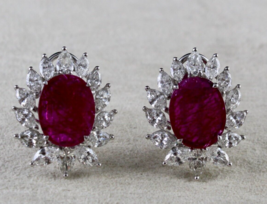 Certified Natural Mozambique Ruby Oval Marquise Diamond 18K Gold Stud Earring - £16,706.54 GBP